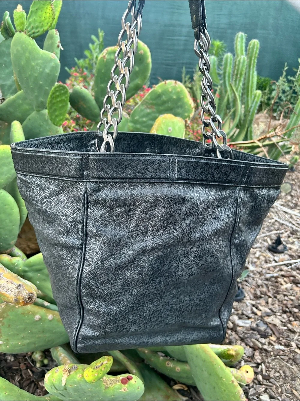 CHANEL Black Caviar CC Logo Chain-Handle Tote